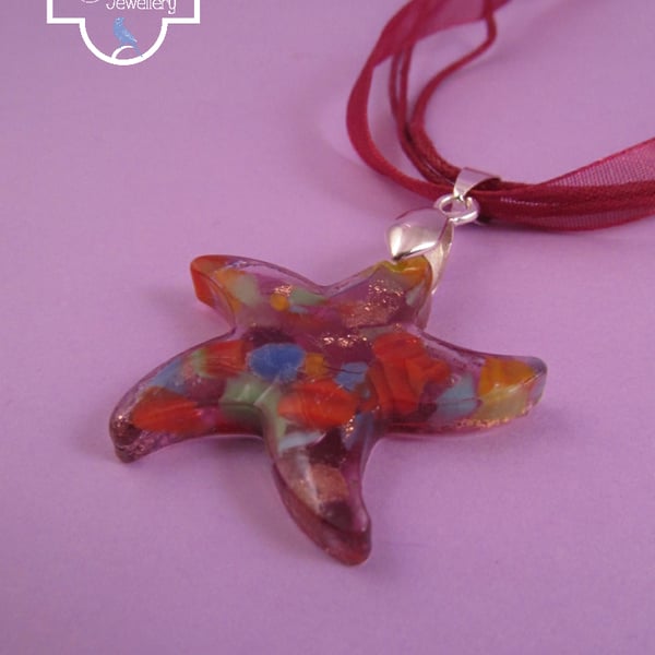 Lilac Glass Star Pendant with Red Necklace, Star Necklace, Red Ribbon Necklace