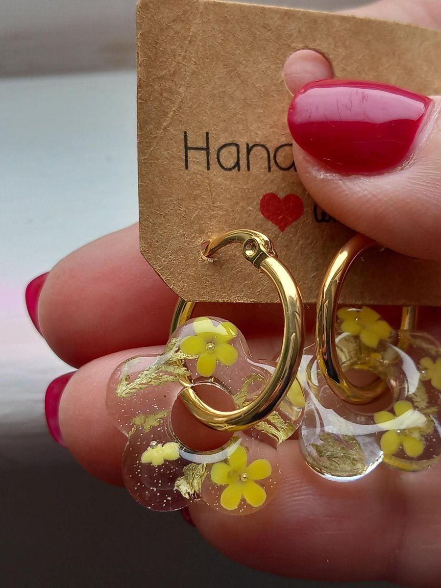 Hoop earrings yellow flower charm,Creole gold stainless hoops, Resin earrings