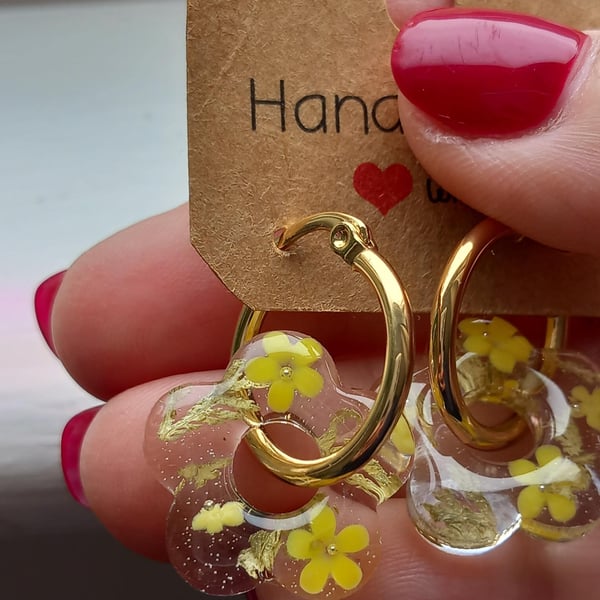 Hoop earrings yellow flower charm,Creole gold stainless hoops, Resin earrings