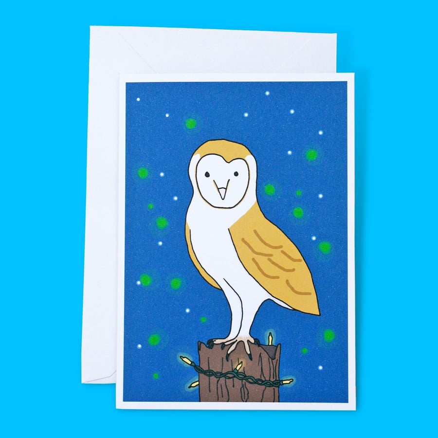 Barn Owl with Fireflies in the Night Sky Illustration A6 Greetings Card