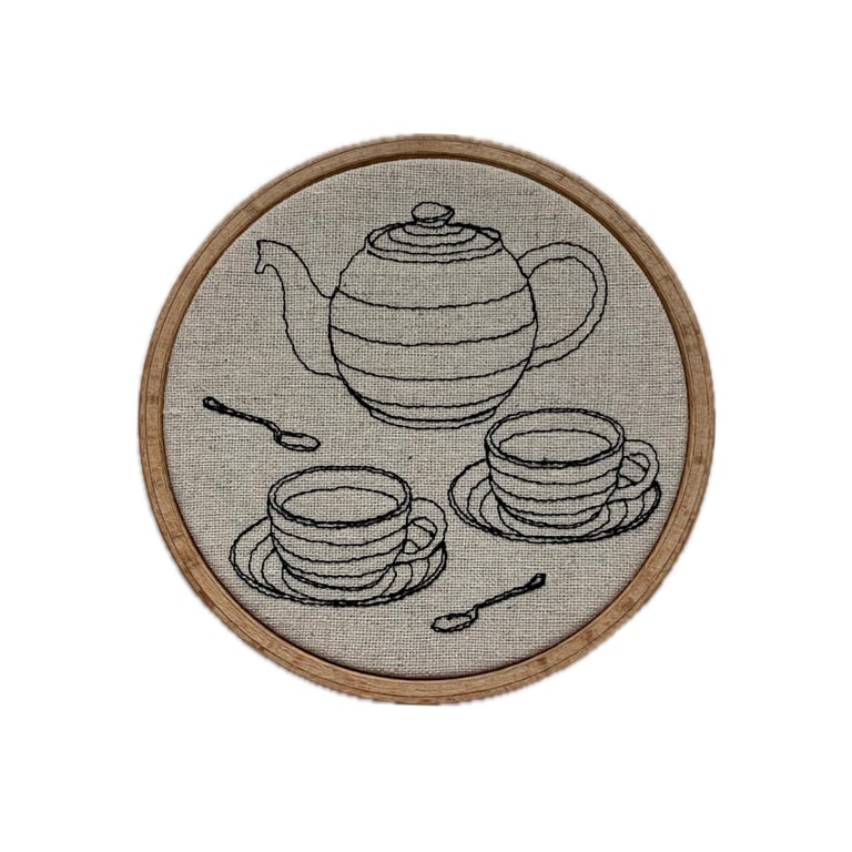 Teapot & Teacups Embroidered Linen Hoop