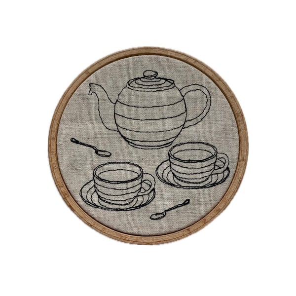 Teapot & Teacups Embroidered Linen Hoop