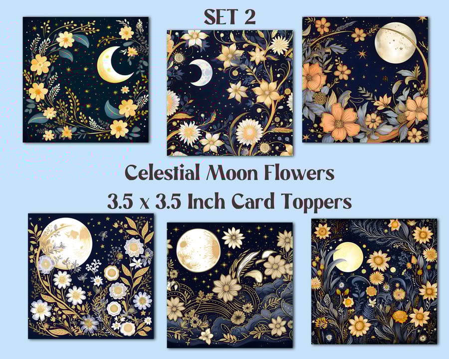 Celestial Moon Flowers Square Card Toppers for Card Making, Tags, Scrapbooks