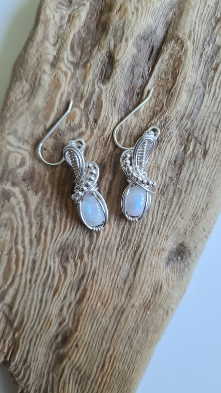 925 Silver & Natural Rainbow Moonstone Dangle Earrings Earings Gift Jewellery 