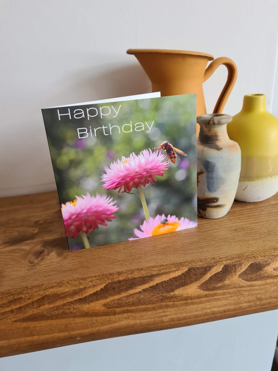 bee on strawflower photo birthday card
