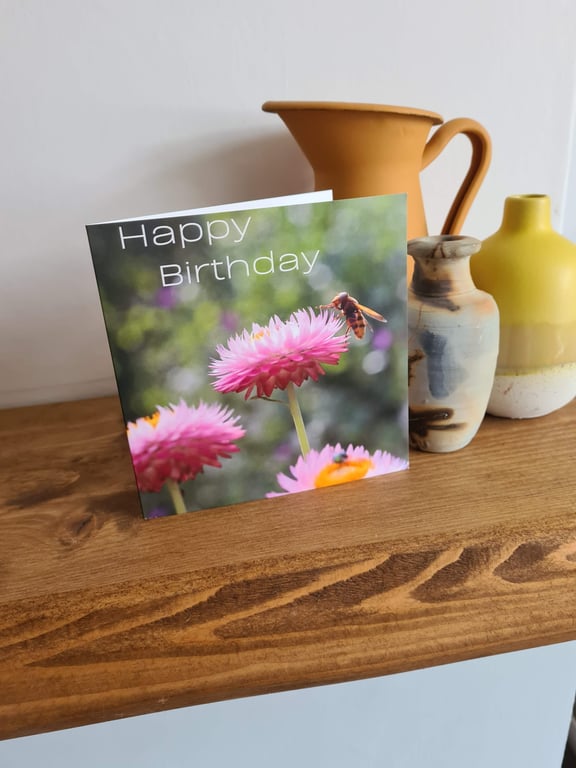 bee on strawflower photo birthday card