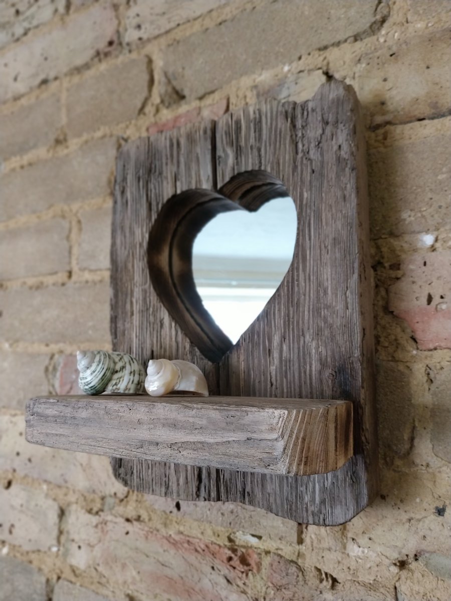 Handmade Rustic Driftwood Heart Mirror Shelf