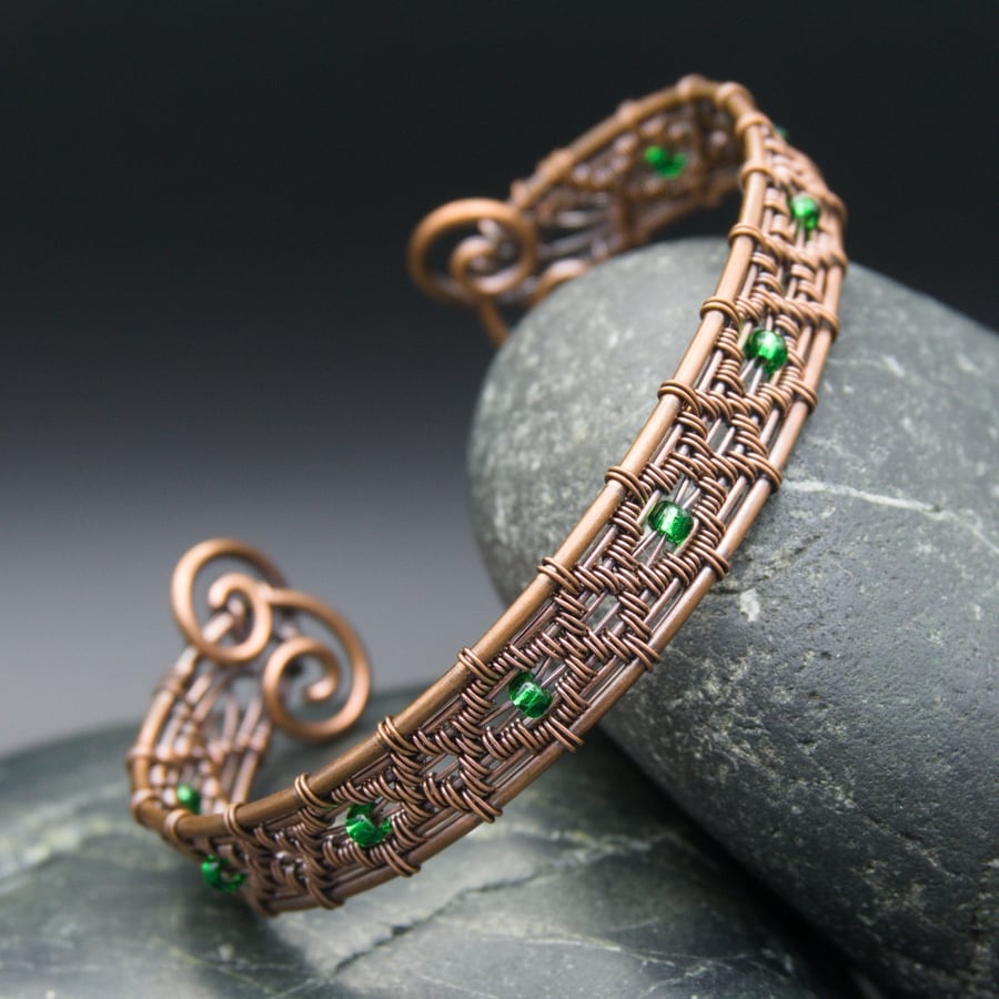 SALE - Diamond Wire Weave Copper Cuff with Green Beads