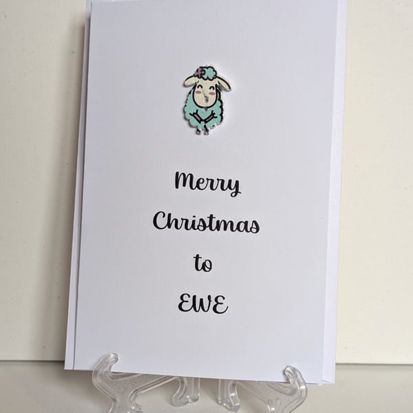 Merry Christmas to Ewe card with a sheep button 