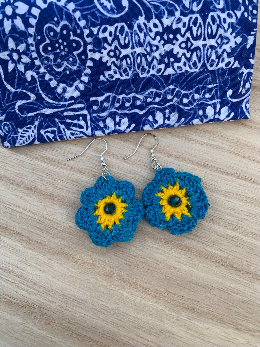 Forget Me Not Handmade Crochet Dangle Flower Earrings