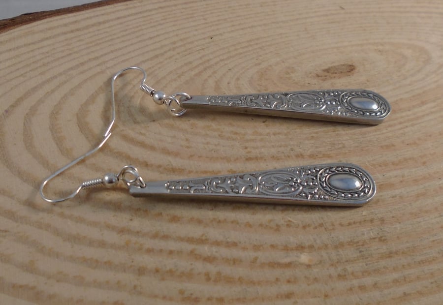 Upcycled Silver Plated Shield Sugar Tong Handle Earrings SPE032009