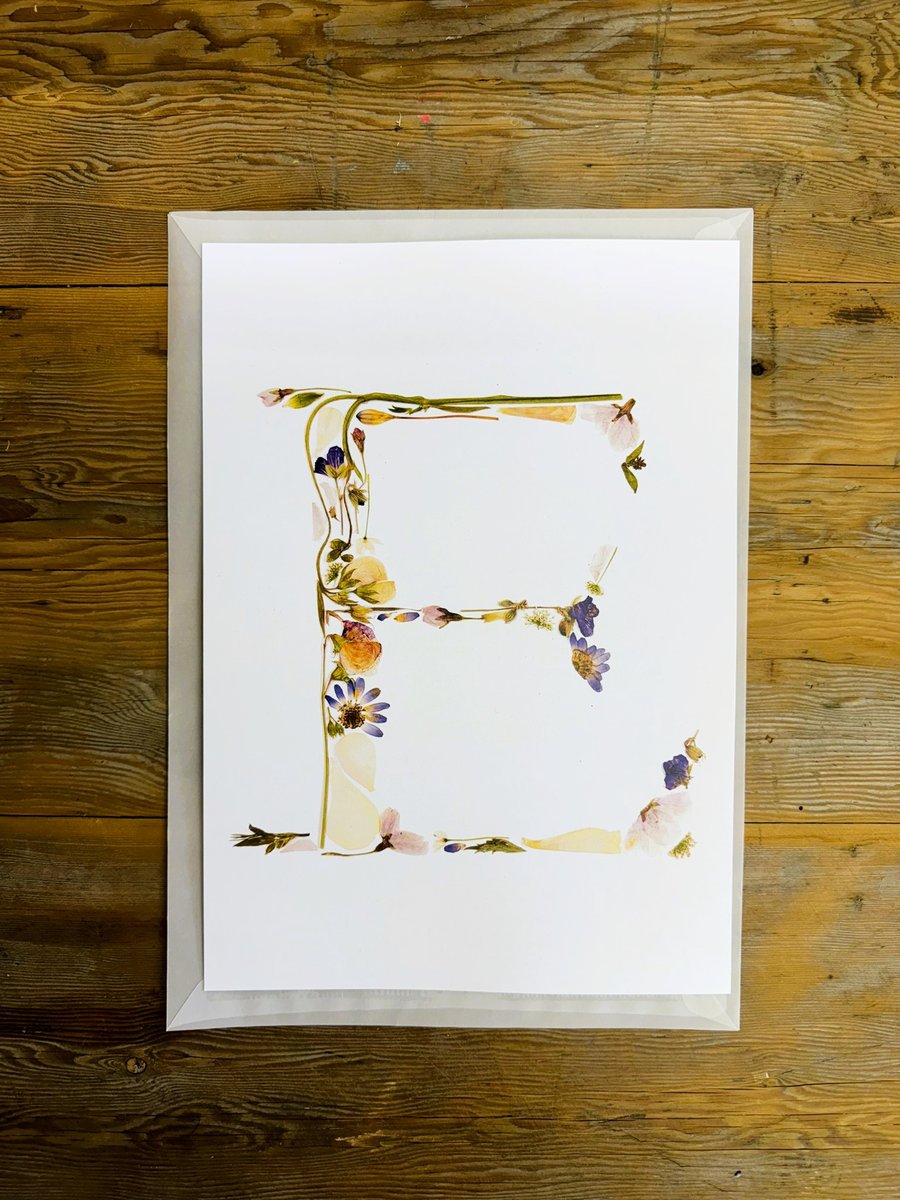 Letter E - pressed flower art print