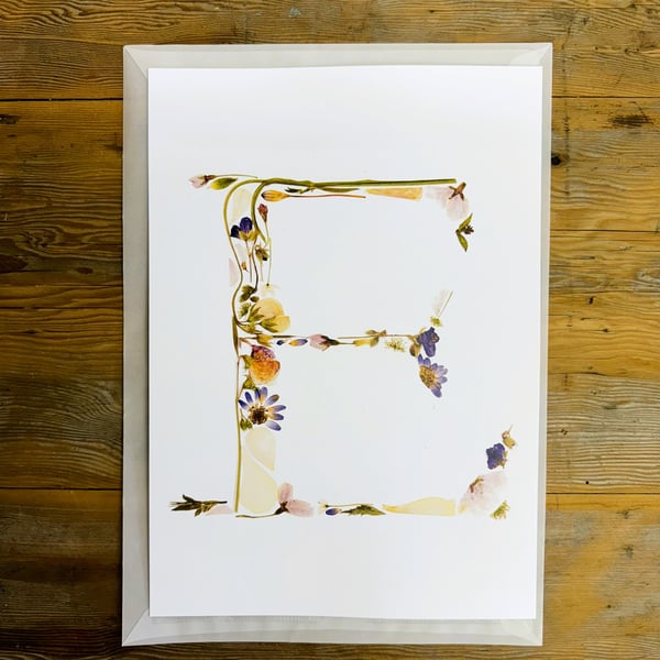 Letter E - pressed flower art print