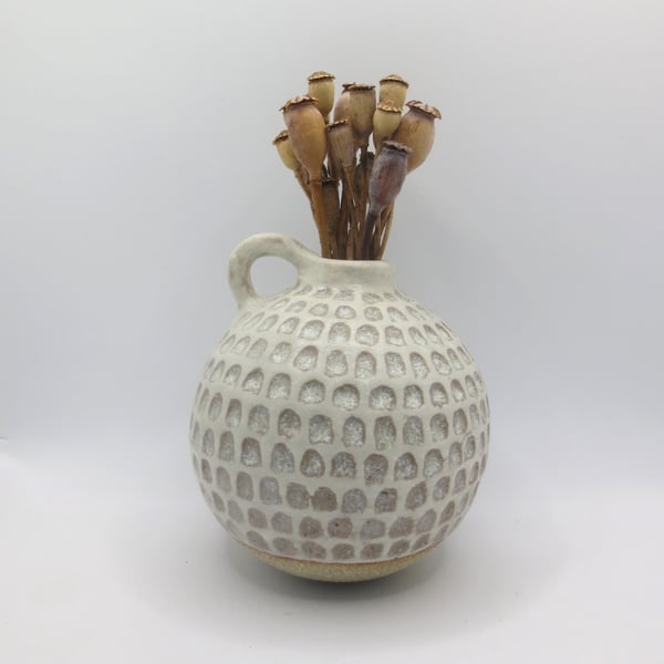 Hand-built stoneware pottery textured vase in white