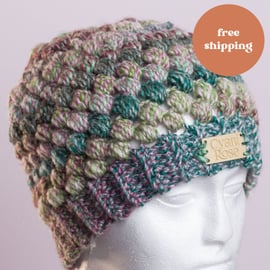 Crochet puff stitch beanie hat mint choc chip colour