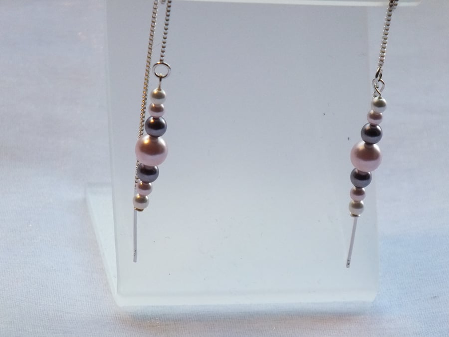 Dainty pearl thread earrings - pink, mauve and white pearls