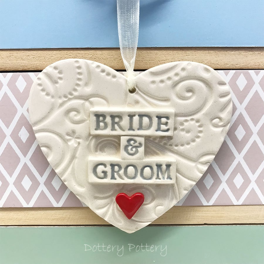Ceramic Wedding heart decoration Bride and Groom Pottery