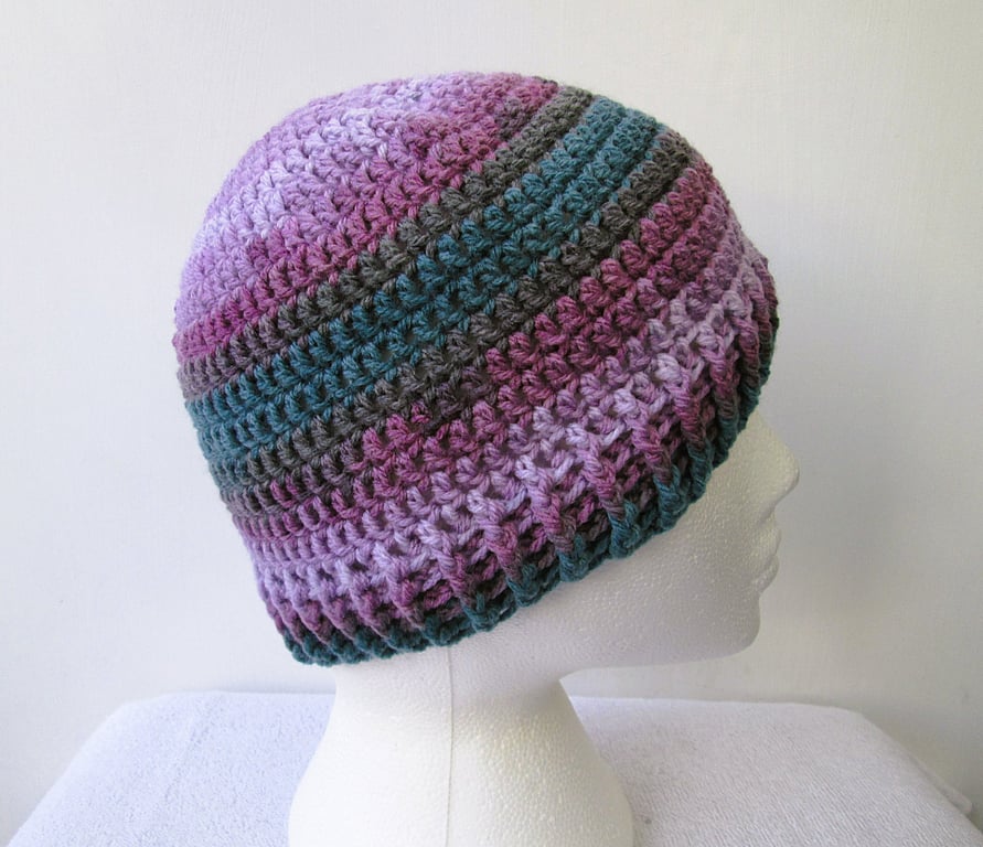 Purple and blue crochet beanie hat for an adult
