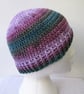 Purple and blue crochet beanie hat for an adult