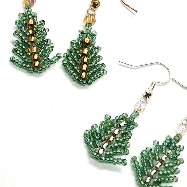 Green Christmas tree beaded earrings