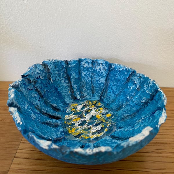 Recycled Paper Mache Bowl: Abstract Blue Flower Pin Dish with Silver Gilding