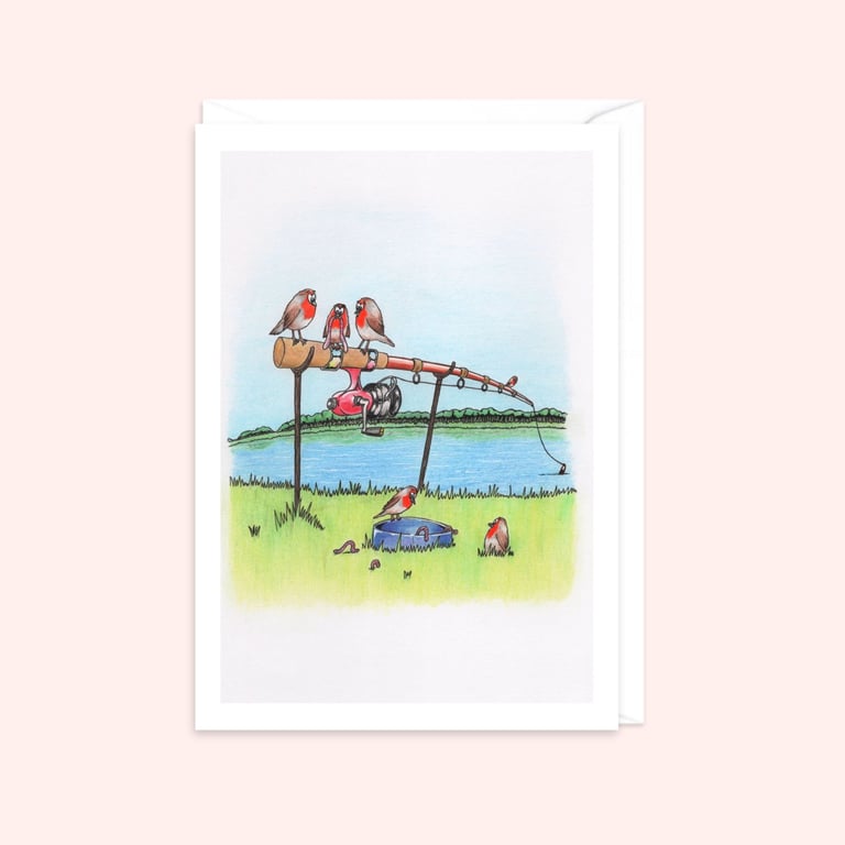 River Bank Greeting Card: Robins on a Fishing Rod Pencil Illustration (212)