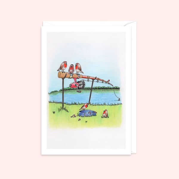 River Bank Greeting Card: Robins on a Fishing Rod Pencil Illustration (212)