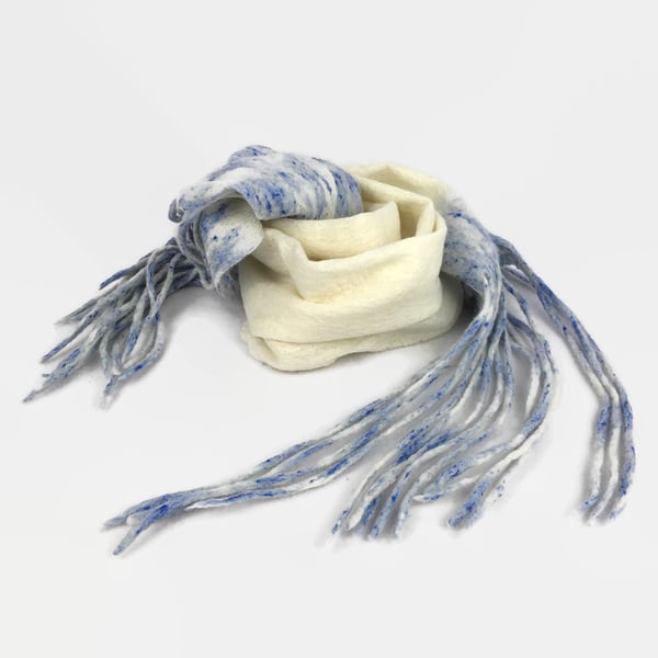 Seconds Sunday - White merino wool felted scarf with blue speckled long tassels