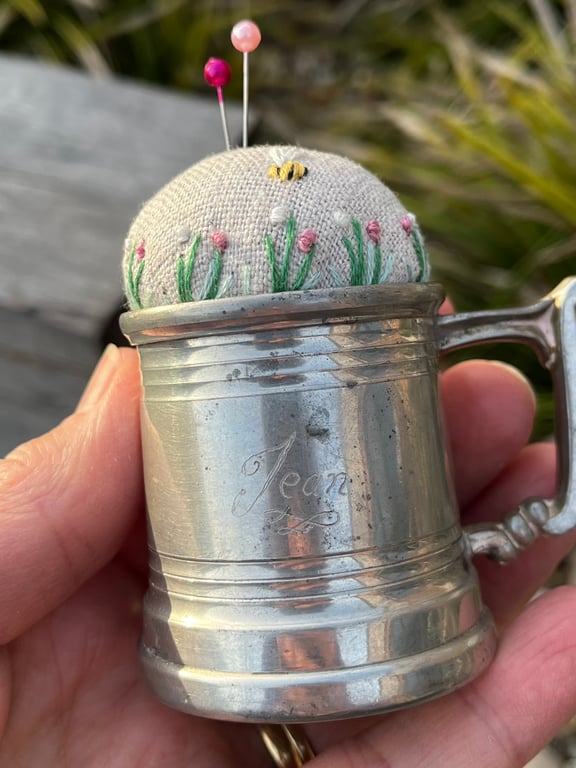 Pincushion in a vintage miniature pewter tankard
