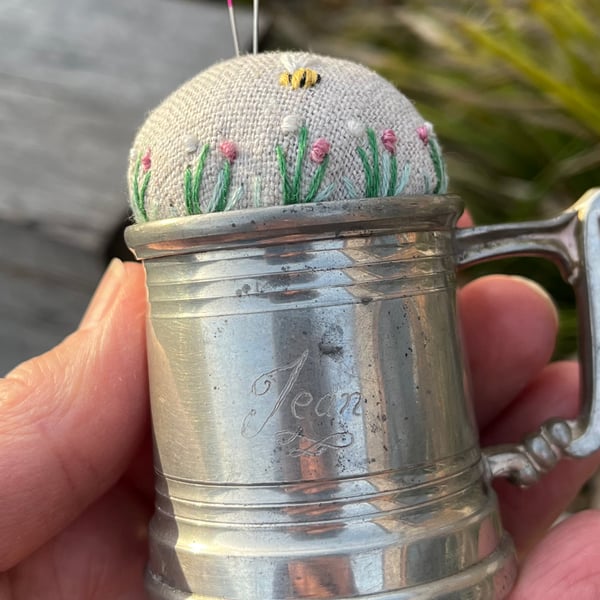 Pincushion in a vintage miniature pewter tankard