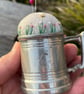 Pincushion in a vintage miniature pewter tankard