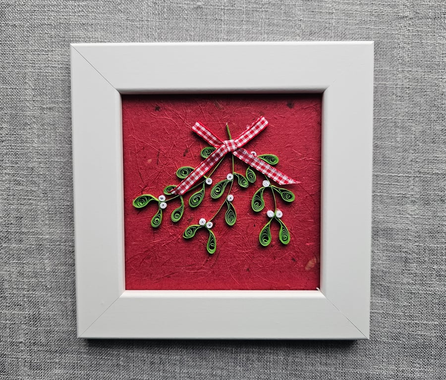 Mistletoe Framed Quilled Art Size 5" x 5" in Small White Frame