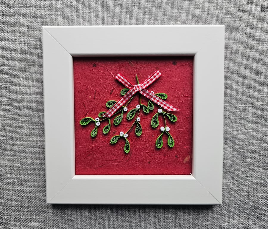 Mistletoe Framed Quilled Art Size 5" x 5" in Small White Frame