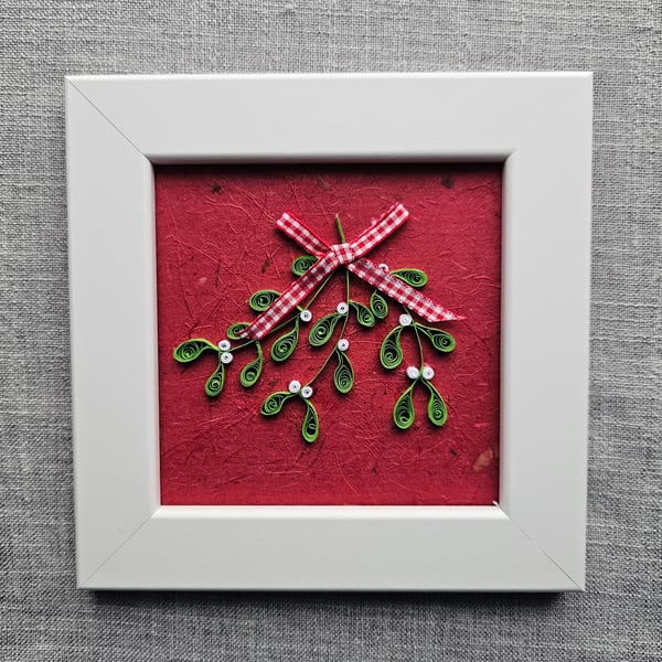 Mistletoe Framed Quilled Art Size 5" x 5" in Small White Frame