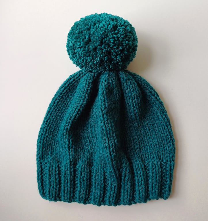 Bobble Hat in Petrol Green Chunky Yarn 