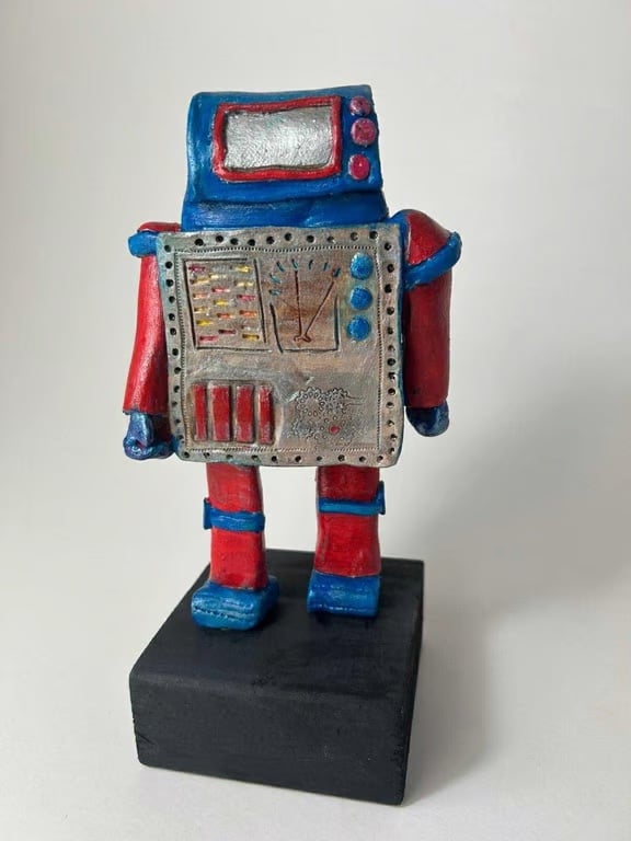 Handbuilt Ceramic Robot: Red and Blue "Wobot" Figurine