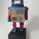 Handbuilt Ceramic Robot: Red and Blue "Wobot" Figurine