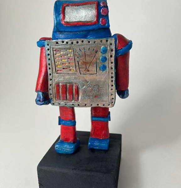 Handbuilt Ceramic Robot: Red and Blue "Wobot" Figurine