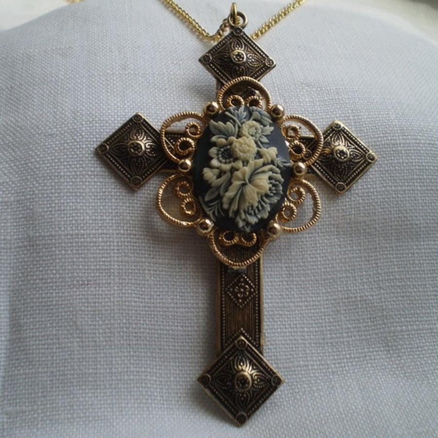 Ornate Neo-Victorian Cameo Cross Necklace