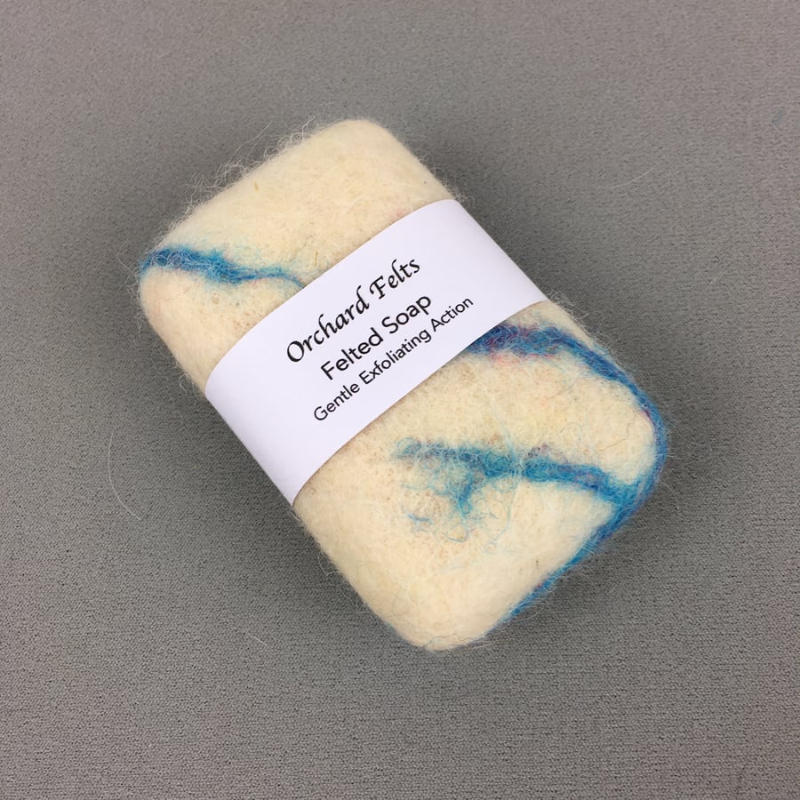 Felted pebble soap, white with blue veins