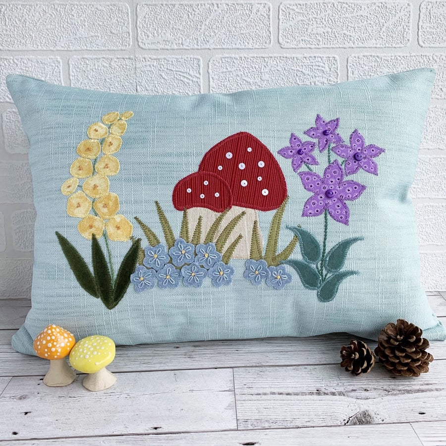SOLD Mushrooms and Floral Cushion