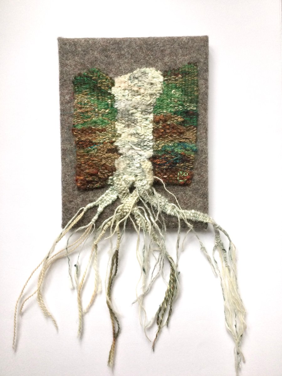 Mounted handwoven tapestry weaving,  textile art in browns, greens and cream