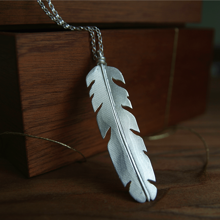 Silver Feather Necklace, Nature Jewellery, Long Feather Pendant
