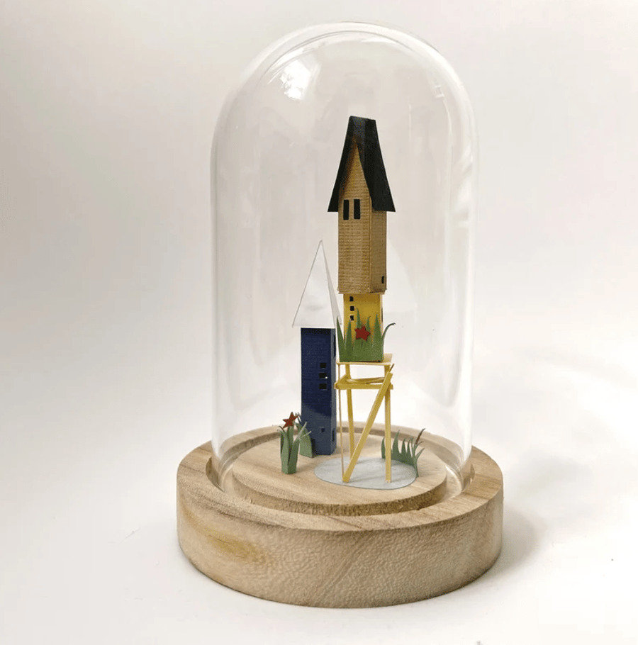 Handmade Paper House - By the Lake in glass cloche, 10cm x 15cm