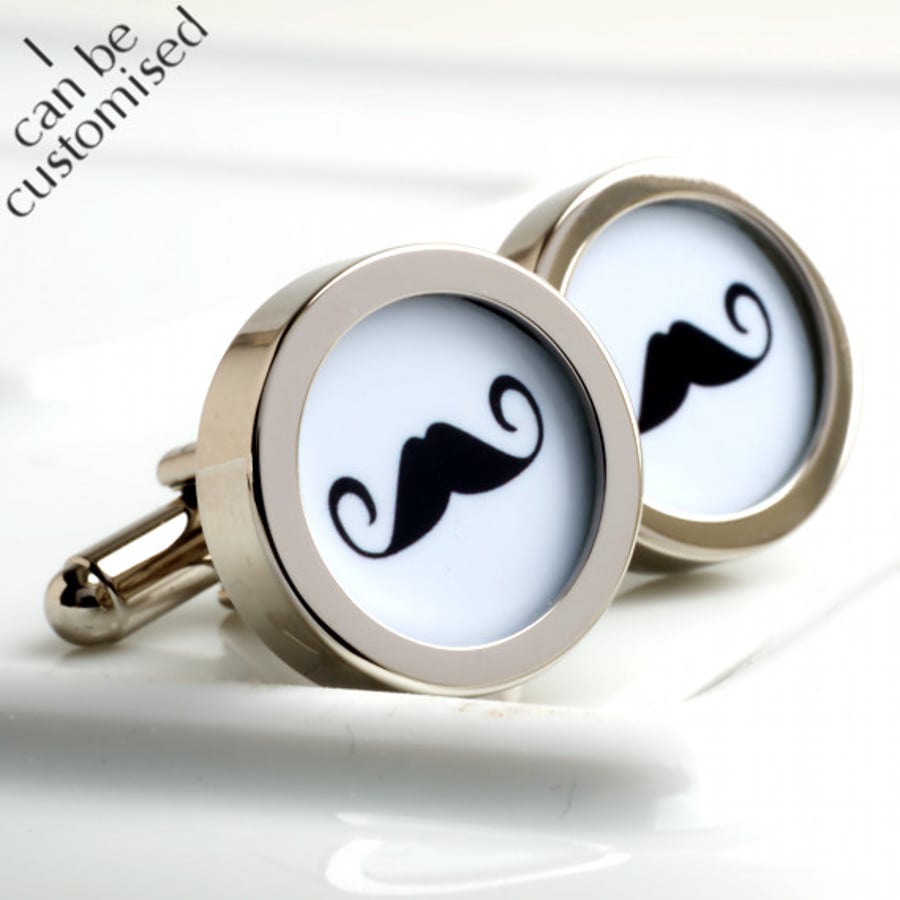 Curly Mustache Cufflinks in Black & White, Can be made in your choice of colours