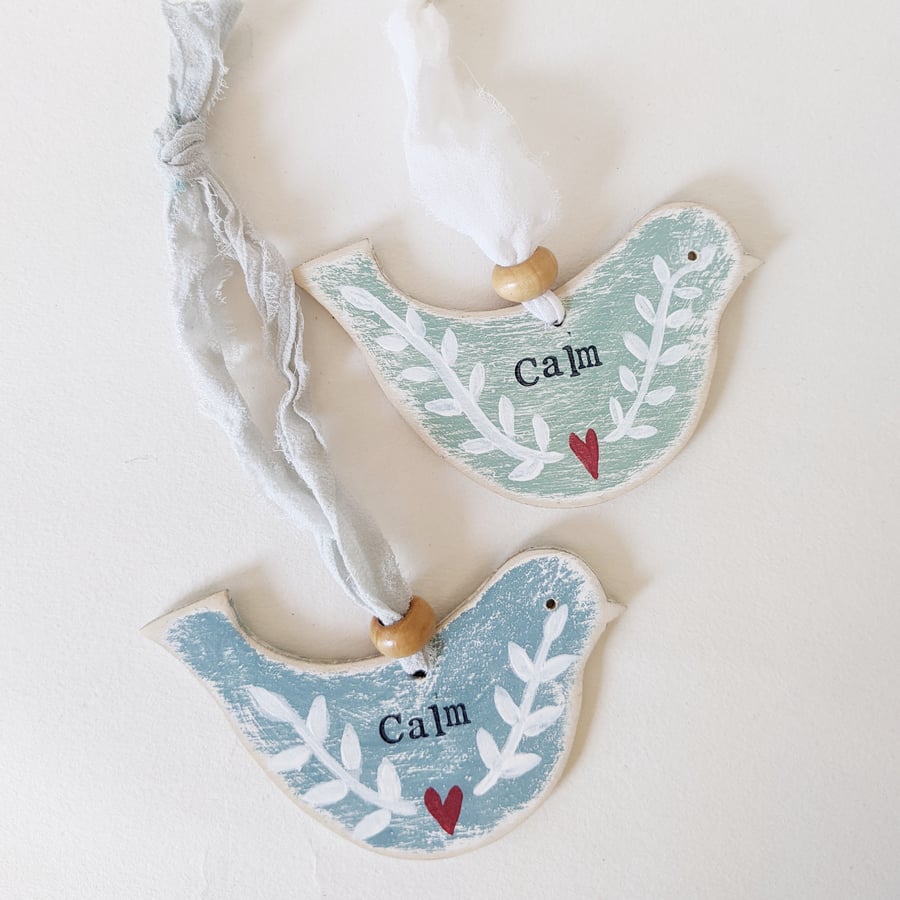 Painted Wooden Bird Hanging Decoration 'Calm'