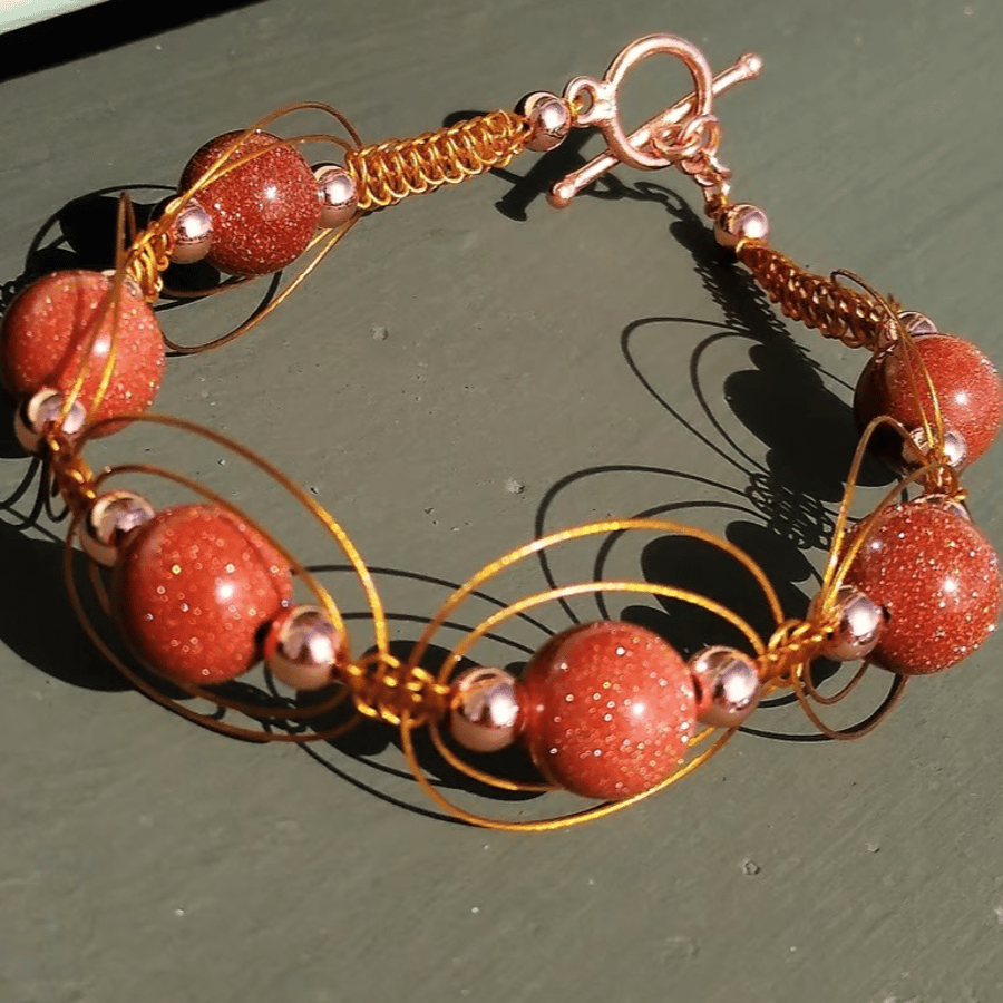 Sparkling Goldstone and Rosegold Hematite Macrame Bracelet 19cm