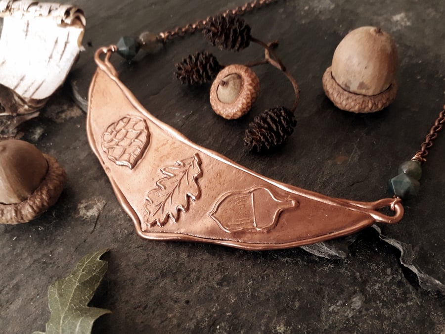 Autumn statement pendant, copper, moss agate, autumnal , botanical