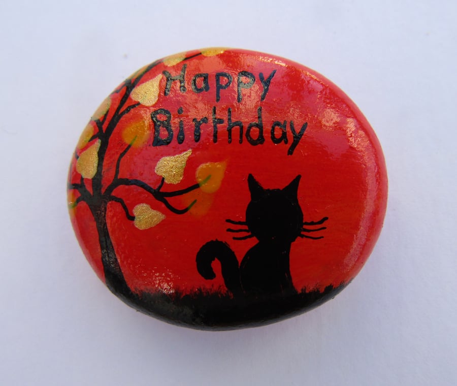 Cat Birthday Gift, Pebble Magnet, Black Cat Tree, Hand Painted Stone Unique Gift