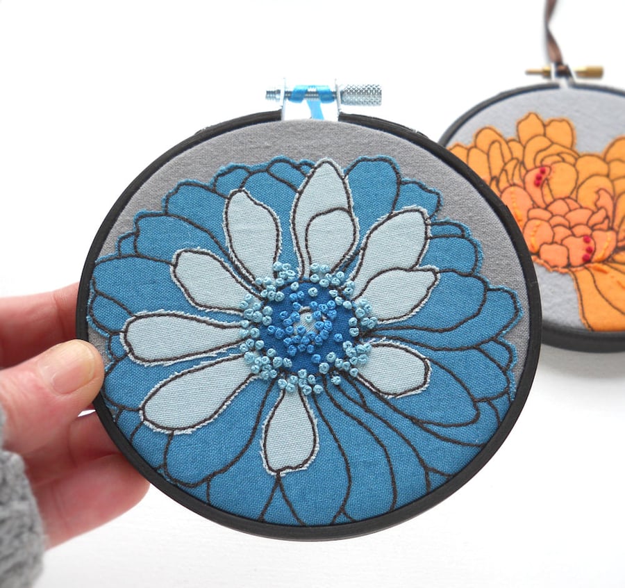 free motion and hand embroidered floral textile hoop original art turquoise blue